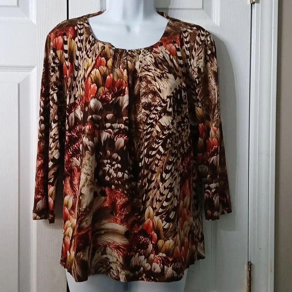 N Touch 3/4th length sleeve brown tall cream color blouse Sz L EUC